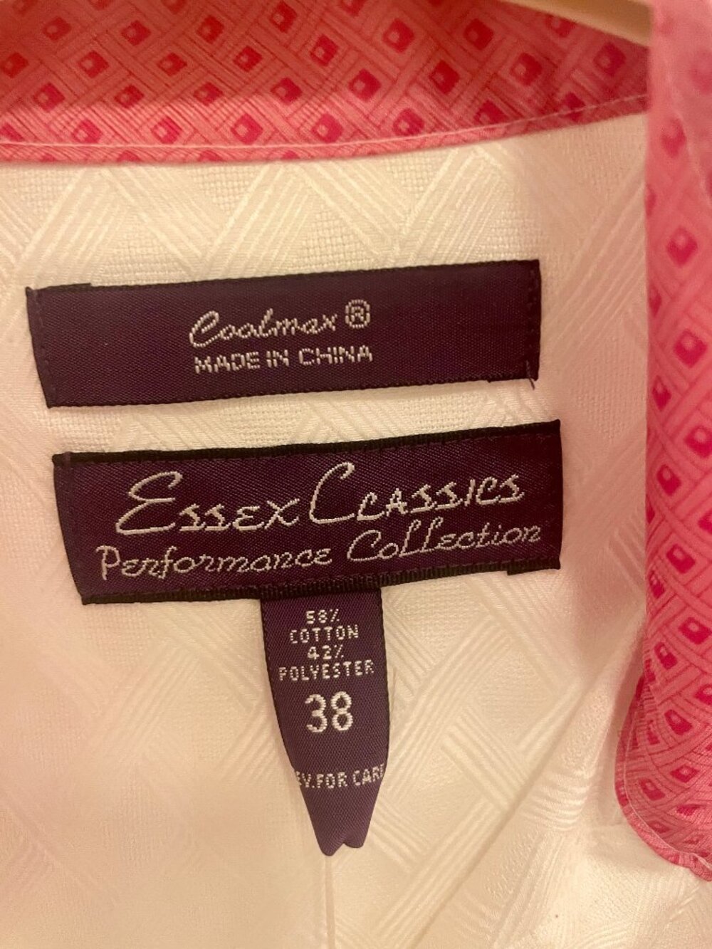 Essex Classics Performance Coolmax Wrap Collar show shirt sz 38 NWT pink trim